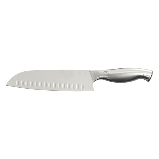 Cuchillo santoku de acero inoxidable con mango ergonómico y alvéolos ovalados en la hoja