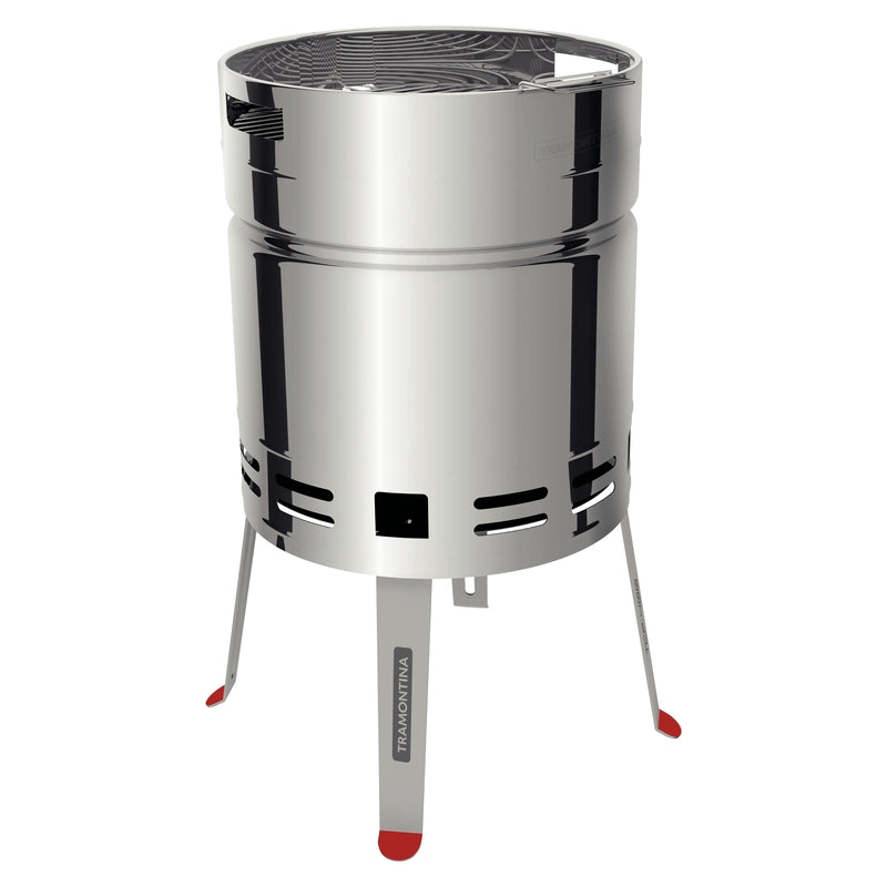 Estufa cilindrica de acero inoxidable Tramontina con tres patas y tapa con parrilla superior