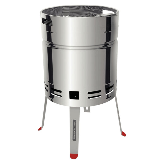 Estufa cilindrica de acero inoxidable Tramontina con tres patas y tapa con parrilla superior