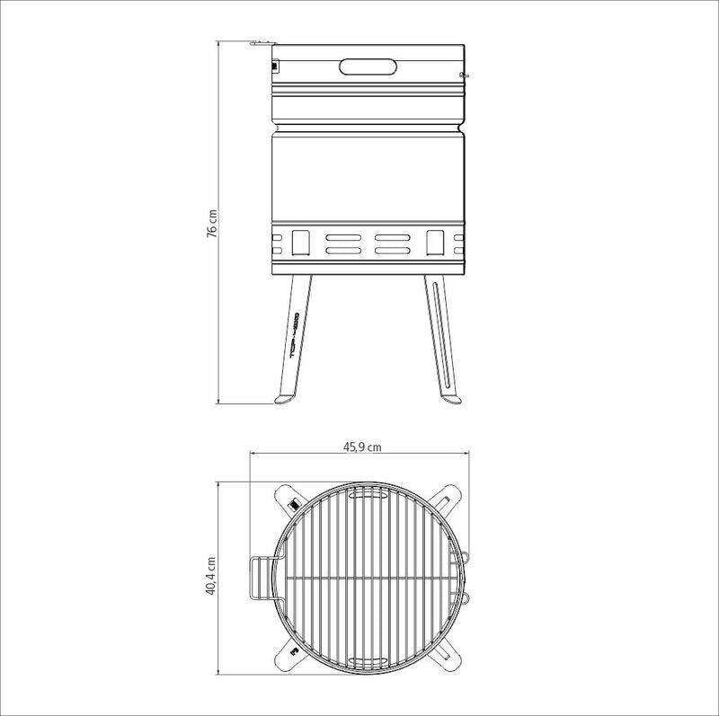 Esquema técnico de parrilla cilíndrica con tapa, patas y rejilla, con medidas de 76 cm de alto, 45,9 cm de ancho