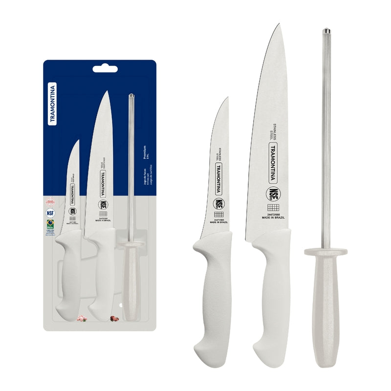 Juego de cuchillos Tramontina Premium con hojas de acero inoxidable y mangos de polipropileno blanco con afilador de acero, 3 piezas.