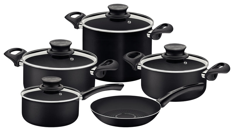 Juego de utensilios de cocina Tramontina Paris+ de aluminio con revestimiento antiadherente Starflon de excelente calidad en el interior y el exterior, color negro, 9 piezas.