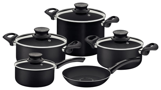 Juego de utensilios de cocina Tramontina Paris+ de aluminio con revestimiento antiadherente Starflon de excelente calidad en el interior y el exterior, color negro, 9 piezas.