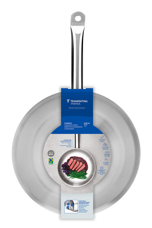 Sartén profesional Tramontina de acero inoxidable, poco profunda, con triple fondo y asa, 30 cm, 2,9 L