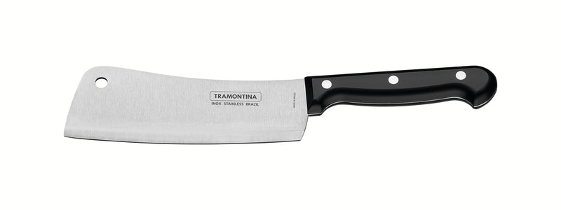 Hachuela Tramontina Ultracorte con hoja de acero inoxidable y mango de polipropileno negro de 6 pulgadas.