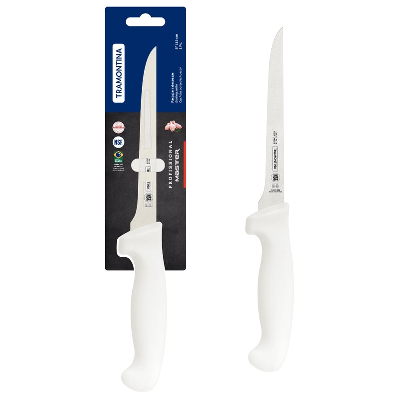 Cuchillo deshuesador Tramontina Professional Master de 6" con hoja de acero inoxidable y mango de polipropileno blanco.