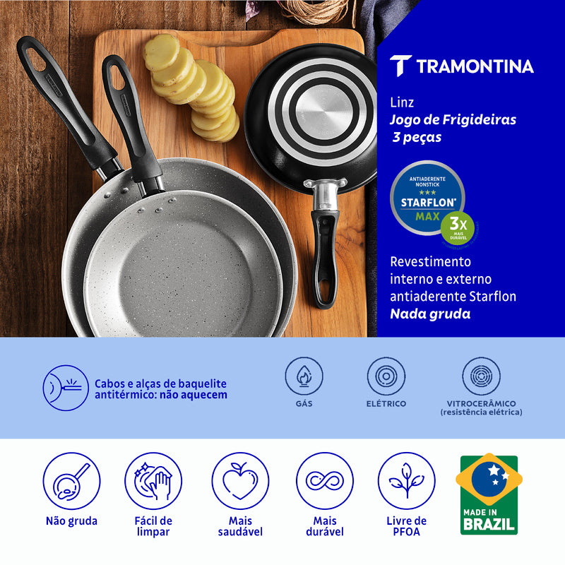 Juego de sartenes de aluminio Tramontina Linz con revestimiento antiadherente Starflon Max interior y exterior, color negro, 3 piezas.