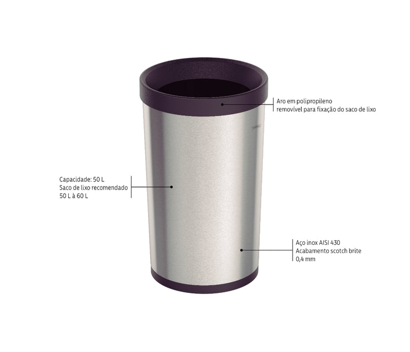 Basurero Tramontina Molise de acero inoxidable sin tapa, acabado satinado, base y borde de polipropileno, 50 L