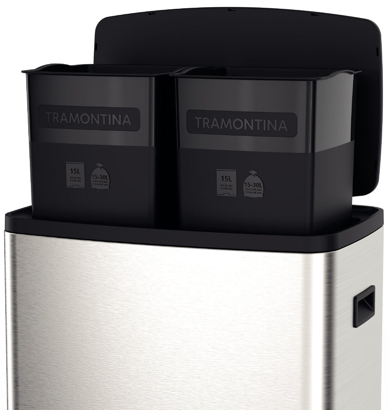 Basurero Tramontina Octos de acero inoxidable con 2 cubos extraíbles y pedal, 15 L + 15 L