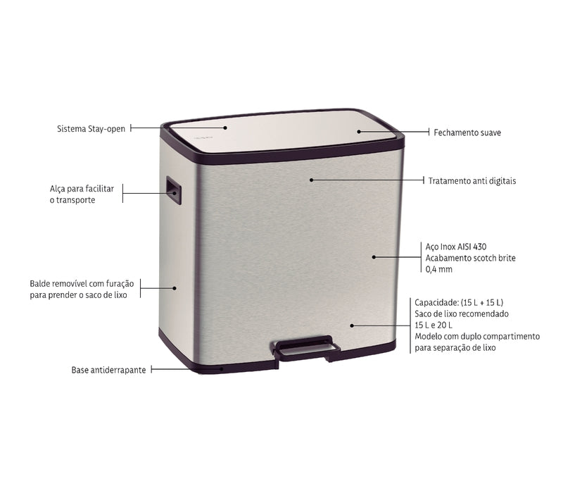 Basurero Tramontina Octos de acero inoxidable con 2 cubos extraíbles y pedal, 15 L + 15 L
