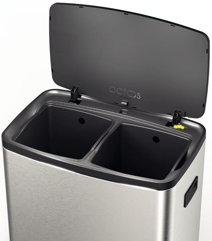 Basurero Tramontina Octos de acero inoxidable con 2 cubos extraíbles y pedal, 15 L + 15 L
