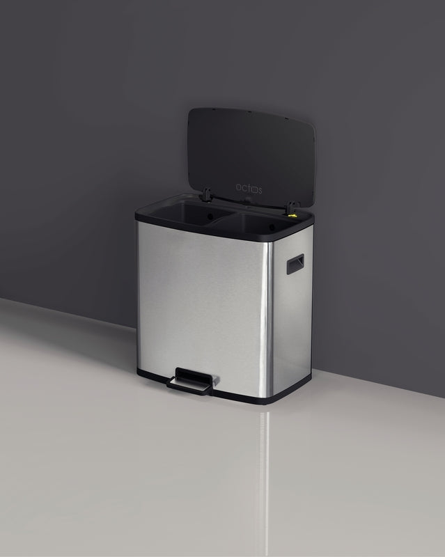 Basurero Tramontina Octos de acero inoxidable con 2 cubos extraíbles y pedal, 15 L + 15 L