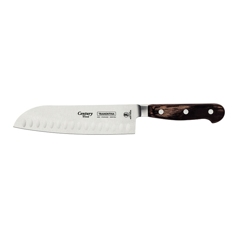 Cuchillo santoku Tramontina Century Wood con mango de madera oscura y hoja de acero inoxidable con alvéolos